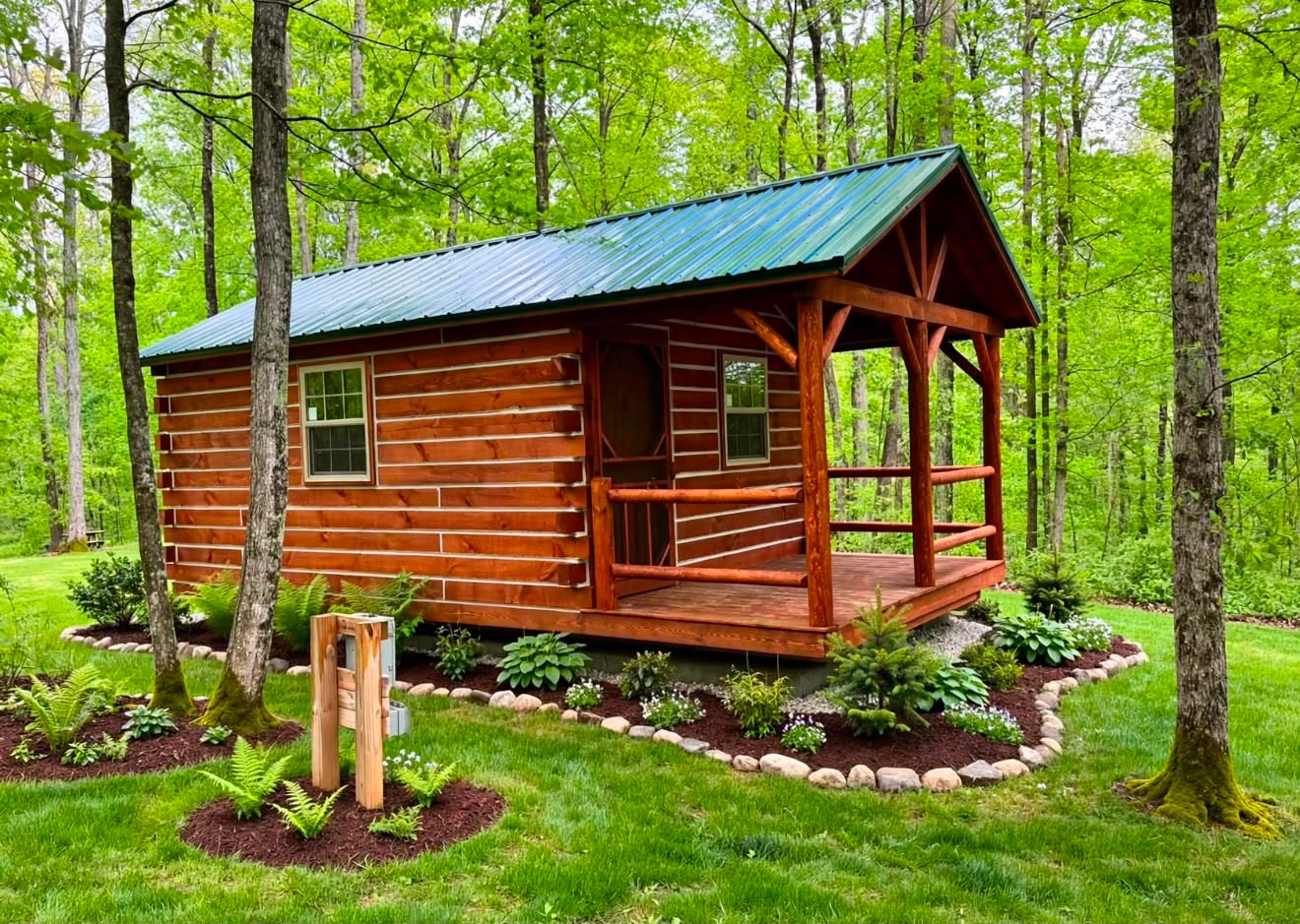 Woman relaxing on rustic log cabin porch at golden hour