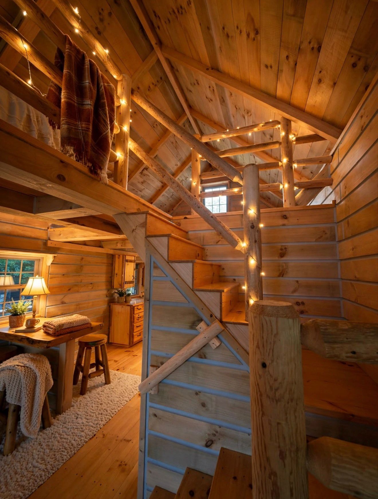 Log cabin living room with stone fireplace and wood beams