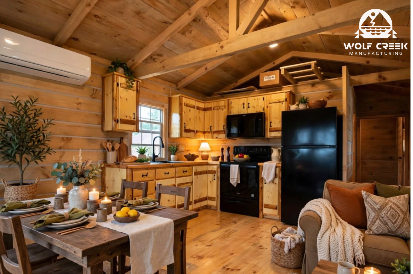Log cabin kitchen with rustic wood cabinets